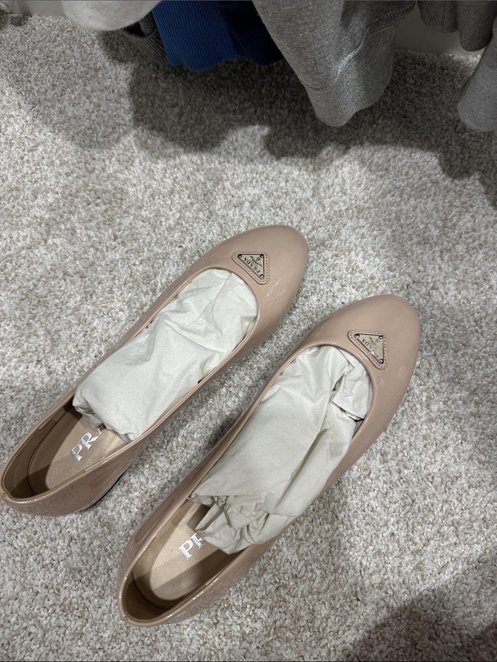 Prada Nude Patent Leather Ballet Flats with Logo Plaque